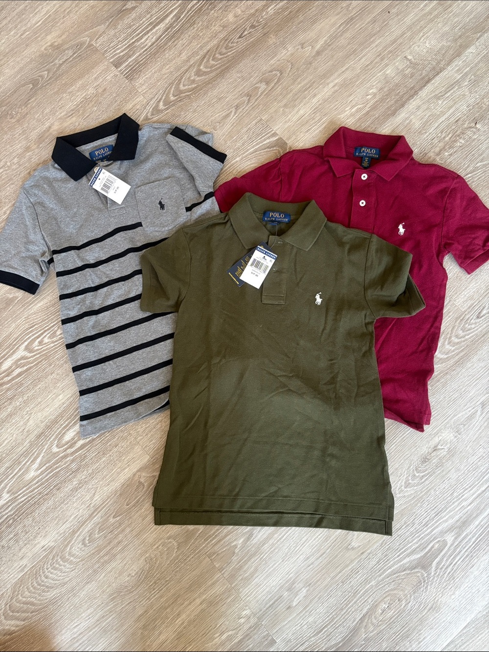 Polo by Ralph Lauren Kids Polo Trio in Olive, Gray Stripes, and Wine
